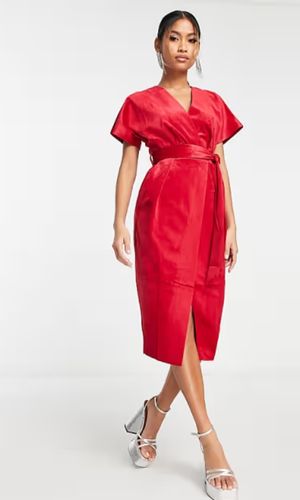 ASOS Closet London Petite Velvet Wrap Jumpsuit in Red