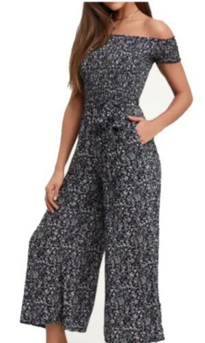 Lulu’s Behold Navy Blue Floral Print Off-the-Shoulder Jumpsuit